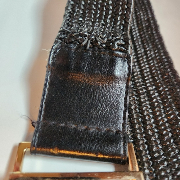 Ladies Black Jute Cotton Stretch LEATHER Belt LION FACE Shiny Buckle Size M/L - Picture 7 of 11